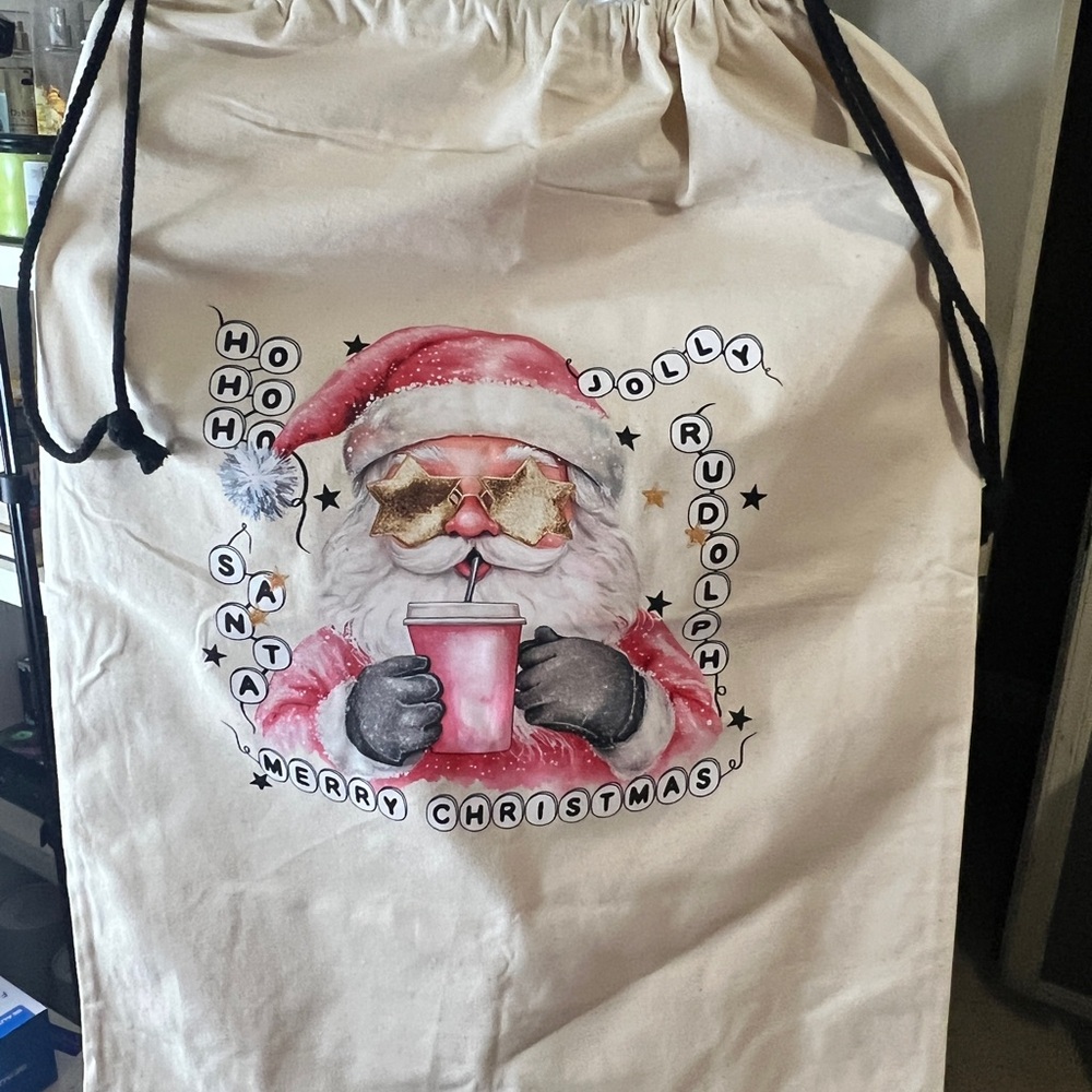 Santa Drawstring Gift Bag - Cream with Red and Gold Accents